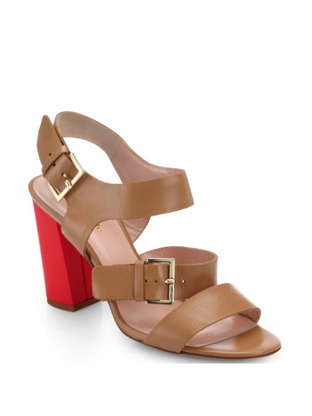 Kate Spade Ibarra Two Tone Tan Leather Strappy Block Heel Sandal with Red Heel